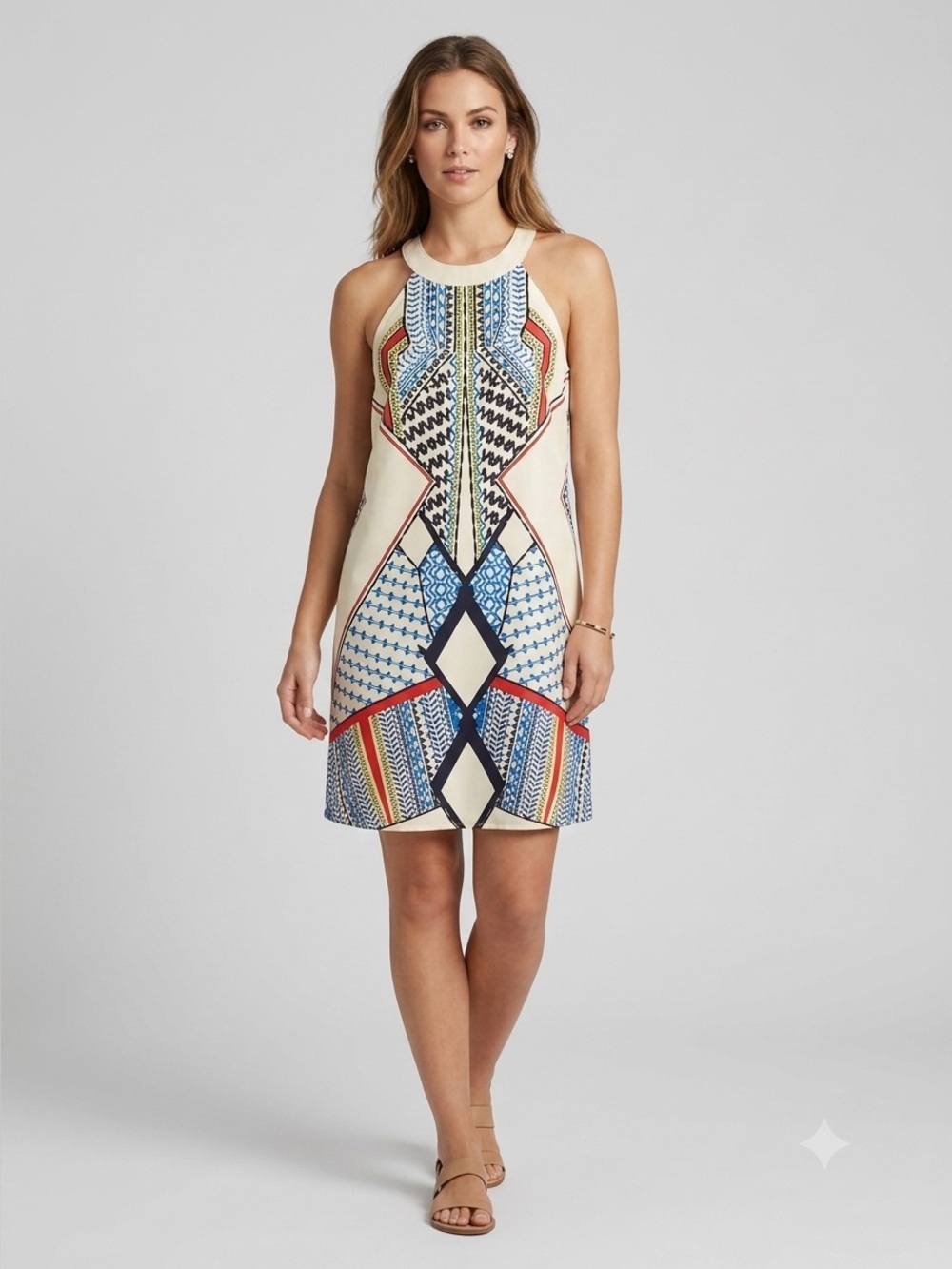 VENUS Cream Shift Dress with Blue and Red Geometric Print size L